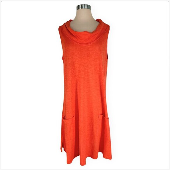 Eileen Fisher Orange Hemp Slub Cowl Neck A-Line Pocket Dress PL Petite Large - Picture 3 of 6